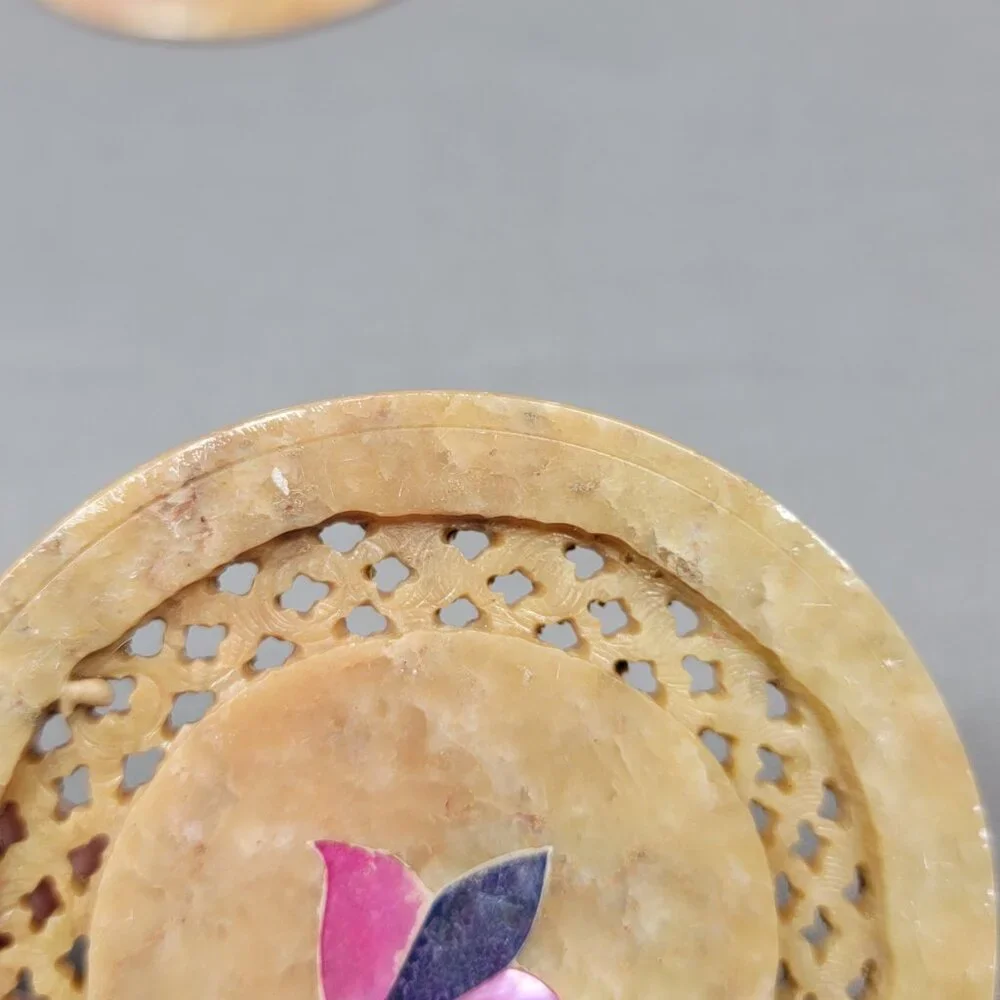 Vtg Stone Marble Coasters Hand Carved Jali Cut Flower Inlay Decorative Lot of 6